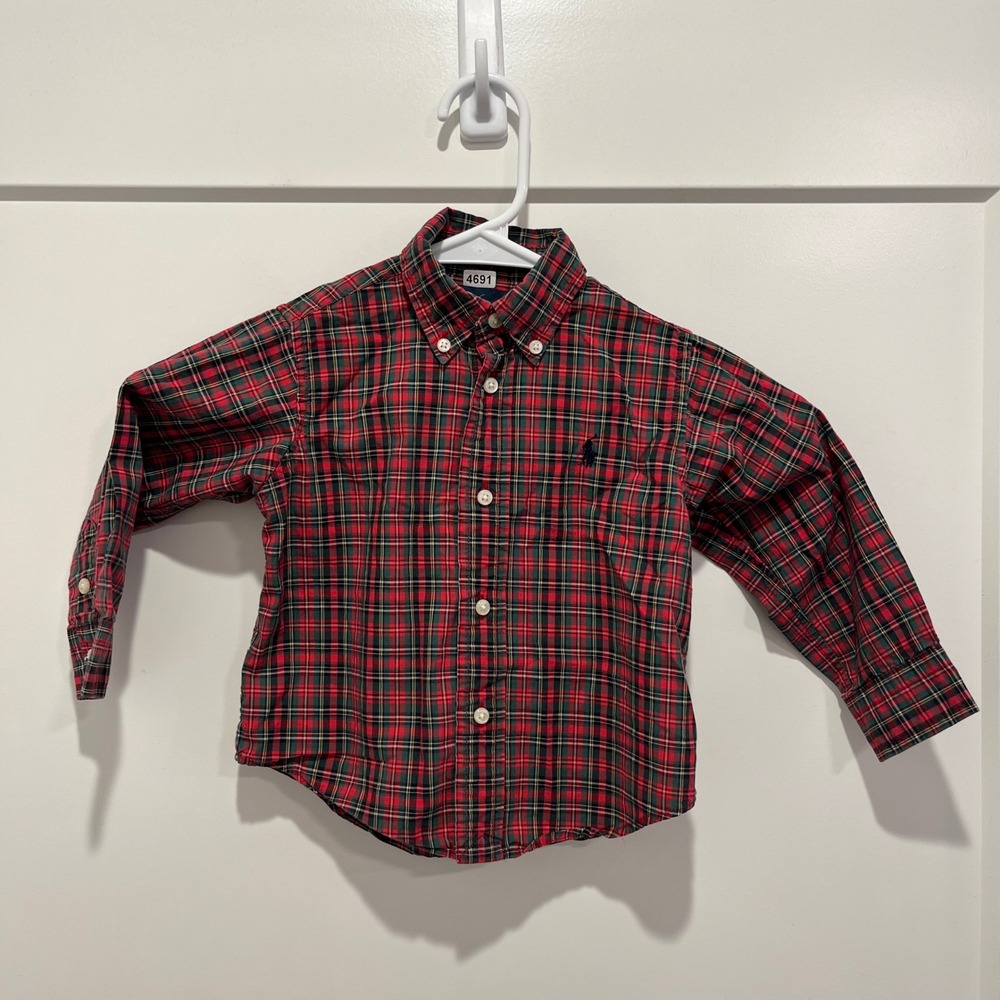 Polo Ralph Lauren Toddler Boys Red Green Plaid Button Down Shirt 18M Cotton